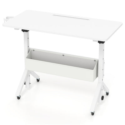 Mobile Standing Desk Height Adjustable Rolling Laptop Desk with Cup Holder Storage Basket-White