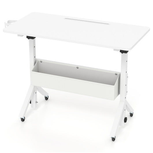Mobile Standing Desk Height Adjustable Rolling Laptop Desk with Cup Holder Storage Basket-White