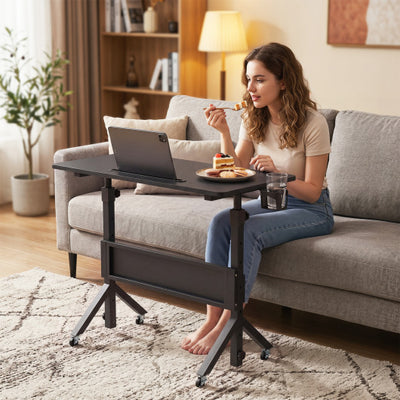 Mobile Standing Desk Height Adjustable Rolling Laptop Desk with Cup Holder Storage Basket-Black