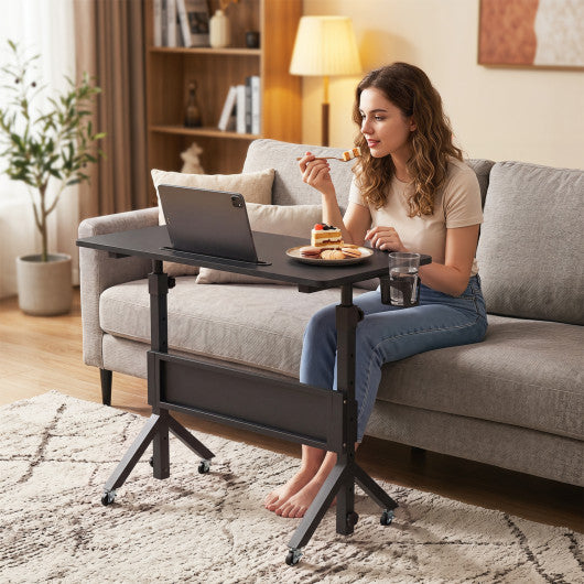Mobile Standing Desk Height Adjustable Rolling Laptop Desk with Cup Holder Storage Basket-Black