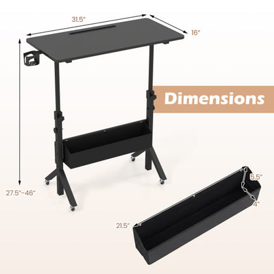 Mobile Standing Desk Height Adjustable Rolling Laptop Desk with Cup Holder Storage Basket-Black