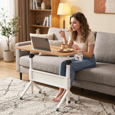Mobile Standing Desk Height Adjustable Rolling Laptop Desk with Cup Holder Storage Basket-Natural