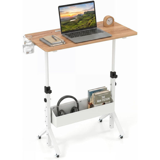 Mobile Standing Desk Height Adjustable Rolling Laptop Desk with Cup Holder Storage Basket-Natural