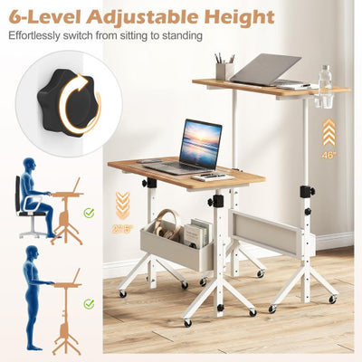 Mobile Standing Desk Height Adjustable Rolling Laptop Desk with Cup Holder Storage Basket-Natural