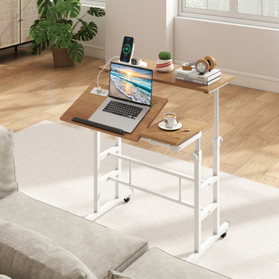 Mobile Standing up Desk Adjustable Computer Desk Tilting Workstation-Natural