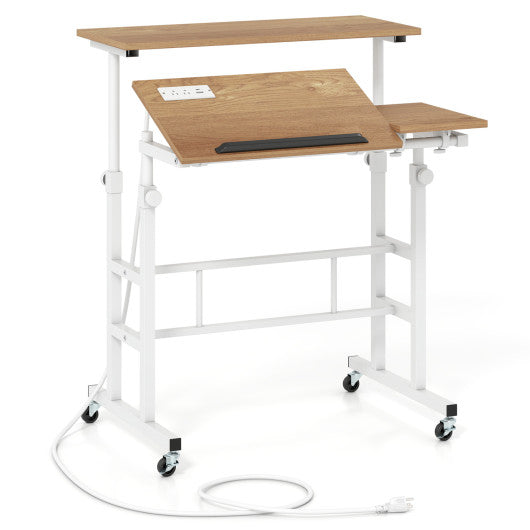 Mobile Standing up Desk Adjustable Computer Desk Tilting Workstation-Natural
