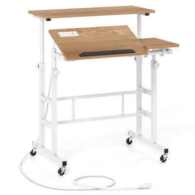 Mobile Standing up Desk Adjustable Computer Desk Tilting Workstation-Natural