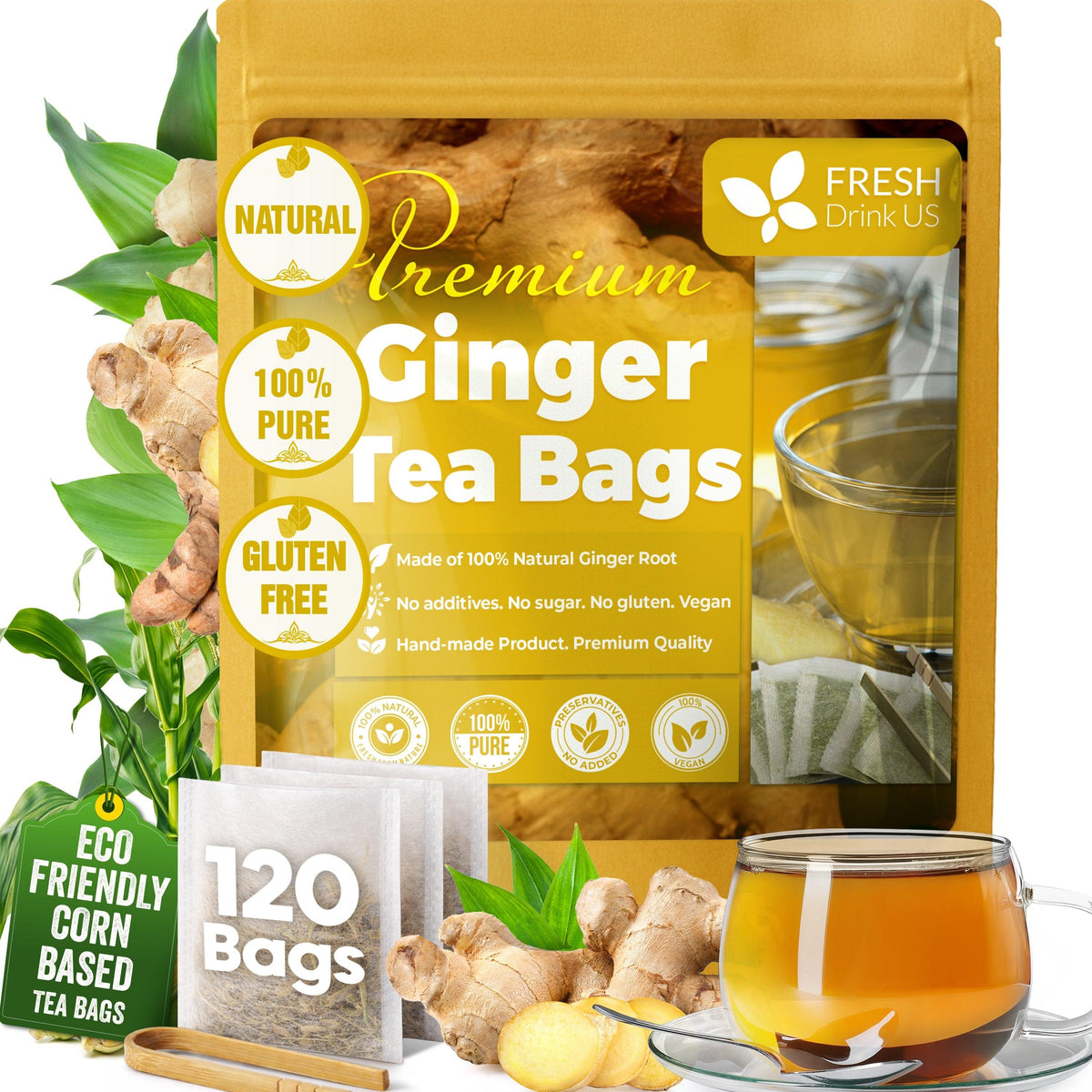 Premium Ginger Tea Bags, 100% Natural & Pure from Ginger Roots, Ginger Tea, Ginger Herbal Tea. Ginger Tea. No Sugar, No Caffeine, No Gluten, Vegan.