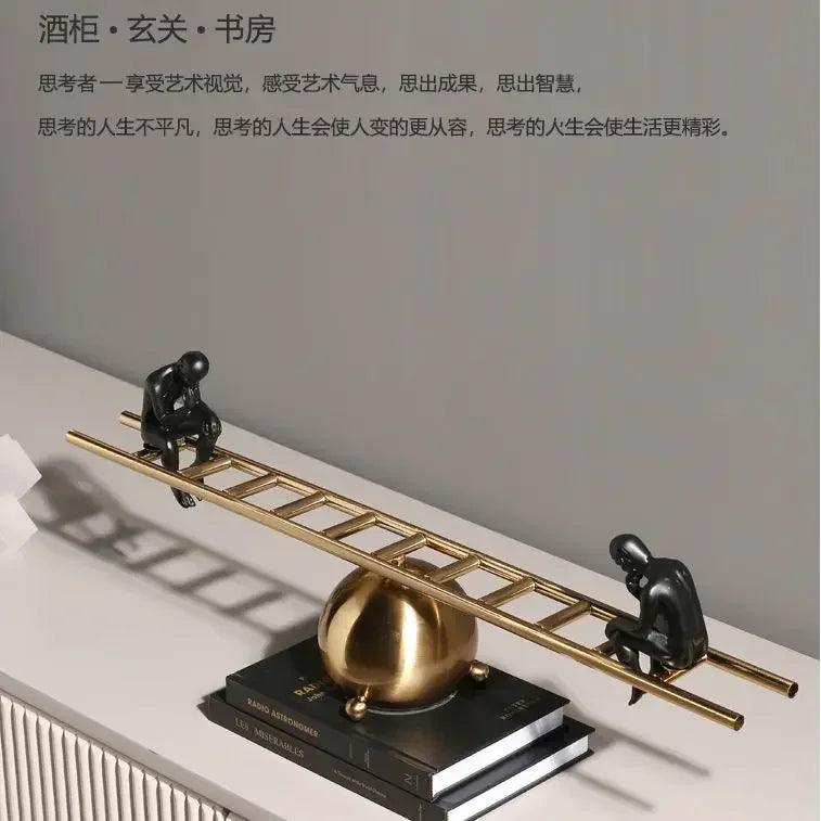 Modern Balance Thinker Sculpture with Golden Ladder for Contemporary Home Decor