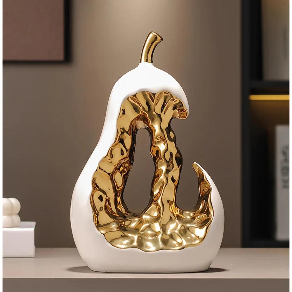 Modern Ceramic Pear Sculpture with Gold Abstract Center