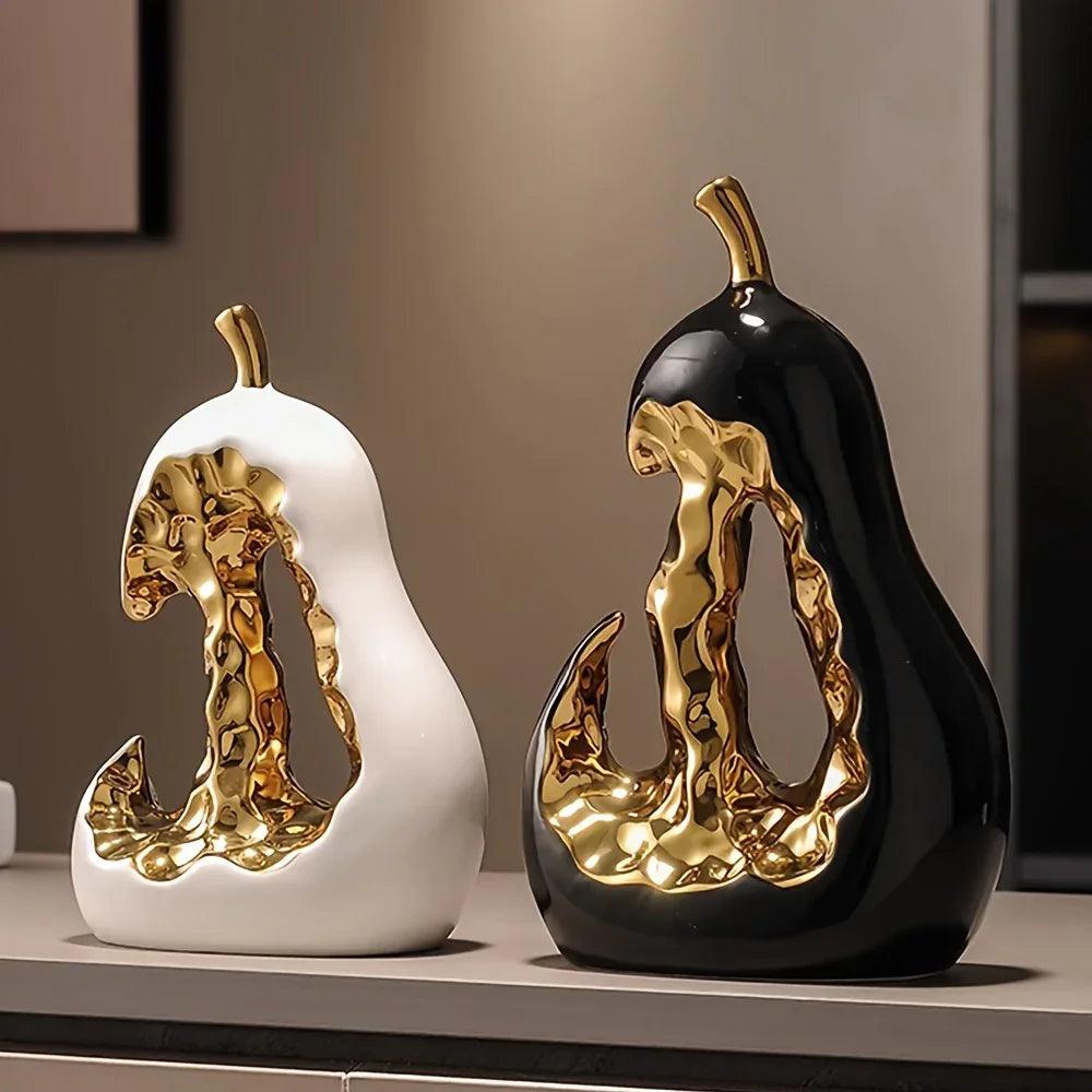 Modern Ceramic Pear Sculpture with Gold Abstract Center