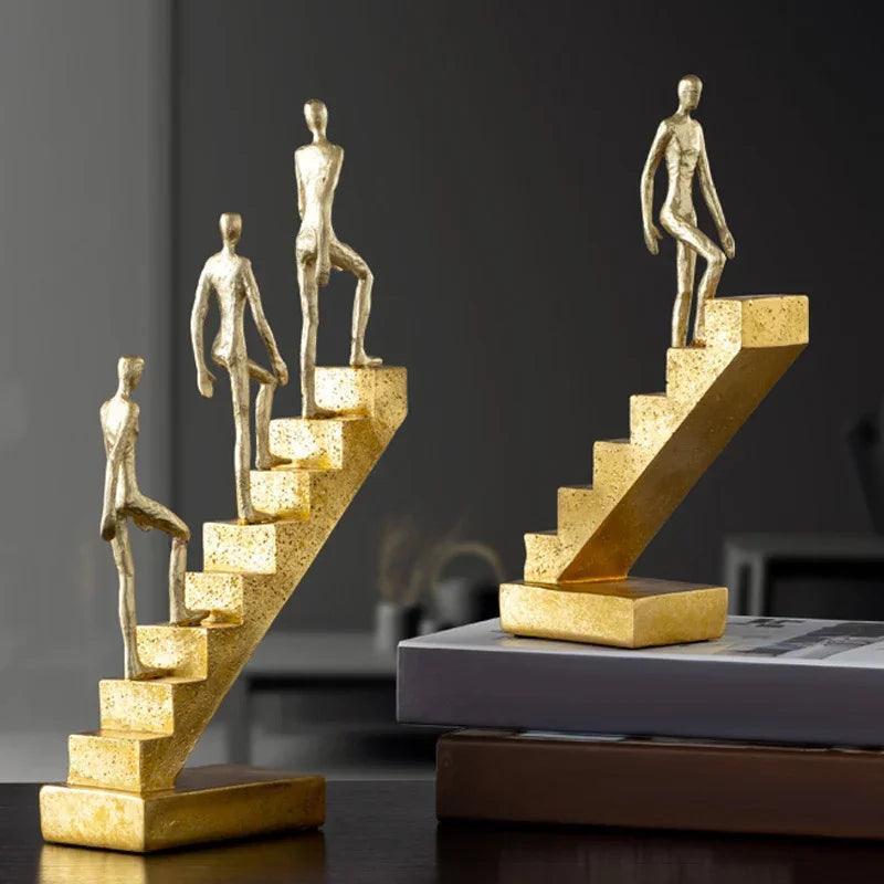 Modern Golden Staircase Climbing Human Sculpture | Luxury Resin Table Decor