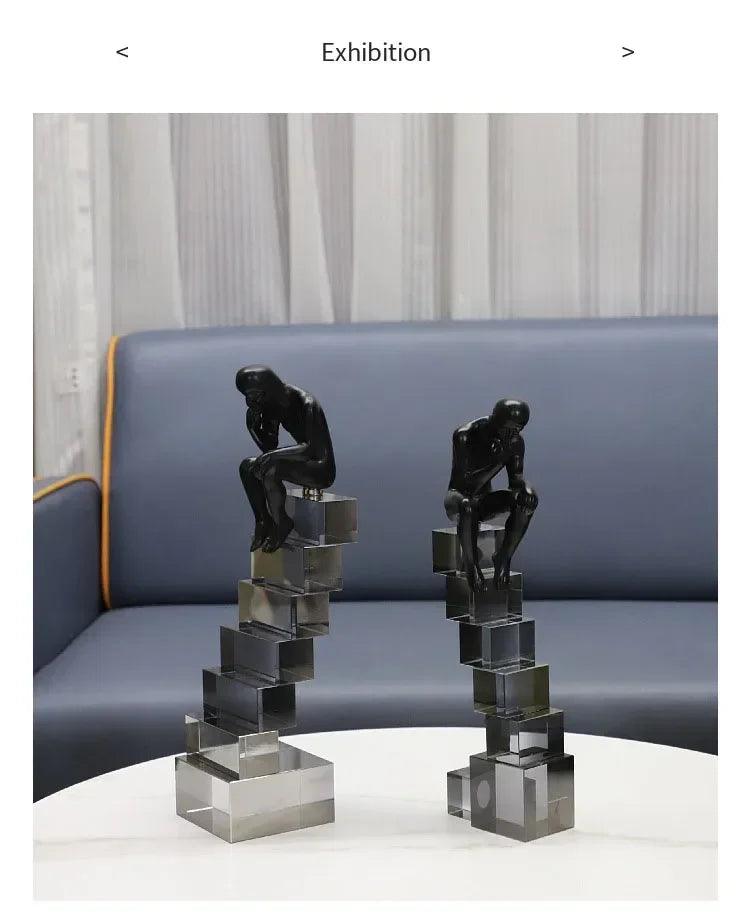 Modern Thinker Sculpture on Geometric Pedestal for Luxury Home Decor