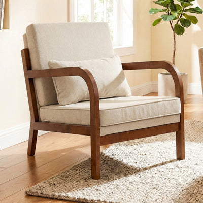 Modern Accent Chair Faux Leather Linen Fabric Upholstered Armchair-White