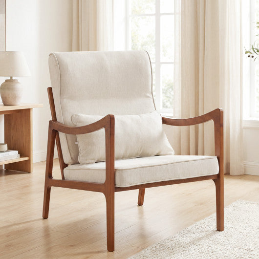 Modern Accent Chair with Solid Rubber Wood Faux Leather Upholstered Armchair-White