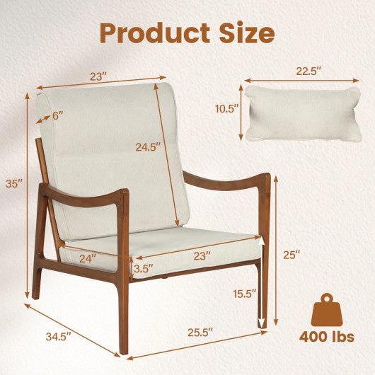 Modern Accent Chair with Solid Rubber Wood Faux Leather Upholstered Armchair-White