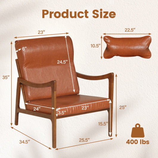Modern Accent Chair with Solid Rubber Wood Faux Leather Upholstered Armchair-Brown