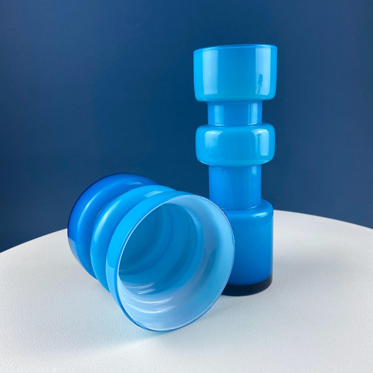 Set of 2 Modern Aqua Blue Geometrical Vases Ornamental Art Glass. Home Office or Retail Decor. Interior Design Ideas. Gift for Him or Her.