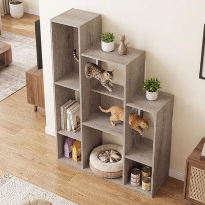 Modern Cat Bookshelf Cat Tree 8-Section Storage Cabinet with 2 Round Holes-Gray Oak
