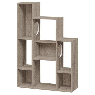 Modern Cat Bookshelf Cat Tree 8-Section Storage Cabinet with 2 Round Holes-Gray Oak