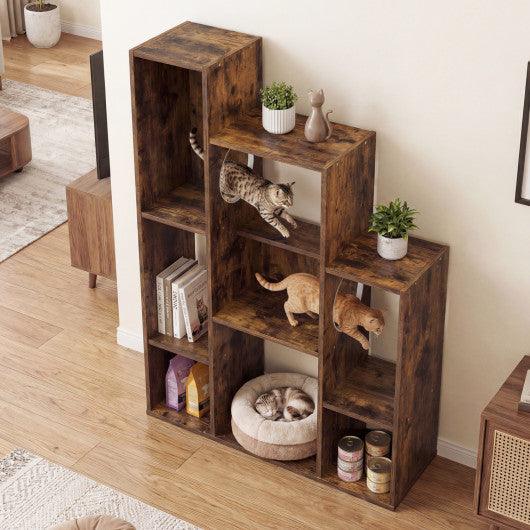 Modern Cat Bookshelf Cat Tree 8-Section Storage Cabinet with 2 Round Holes-Rustic Brown