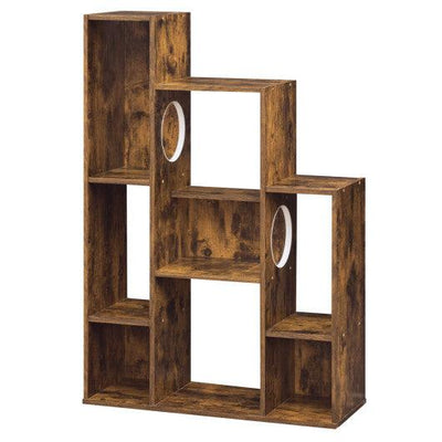 Modern Cat Bookshelf Cat Tree 8-Section Storage Cabinet with 2 Round Holes-Rustic Brown