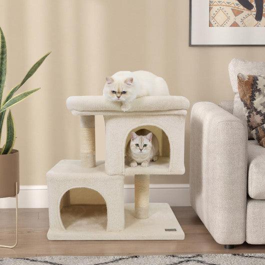 Modern Cat Tree Space-saving Cat Tower with Upholstered Perch and 2 Cat Condos-Beige