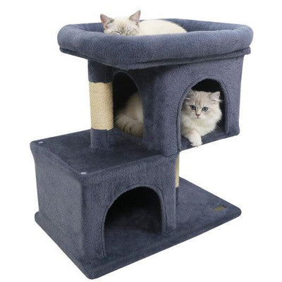 Modern Cat Tree Space-saving Cat Tower with Upholstered Perch and 2 Cat Condos-Dark Grey