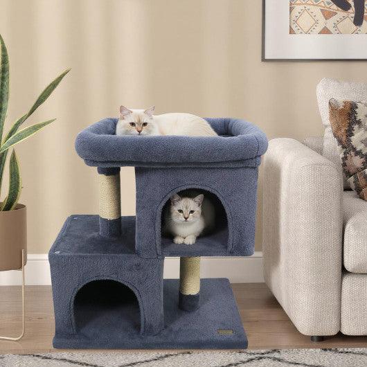 Modern Cat Tree Space-saving Cat Tower with Upholstered Perch and 2 Cat Condos-Dark Grey
