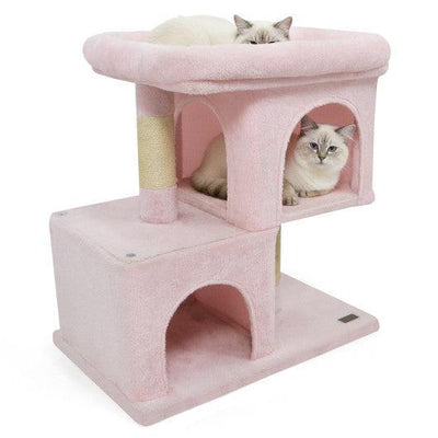 Modern Cat Tree Space-saving Cat Tower with Upholstered Perch and 2 Cat Condos-Pink