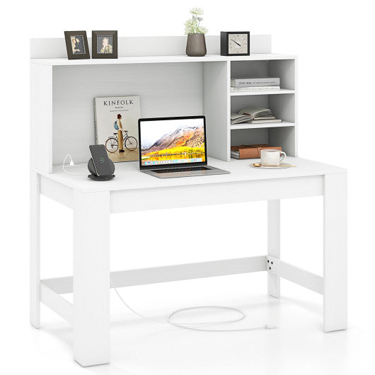 Modern Computer Desk with Hutch and Storage Shelves-White