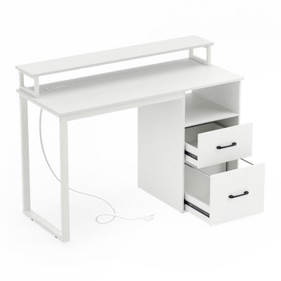 Modern Computer Desk with Power Outlets and File Drawer-White