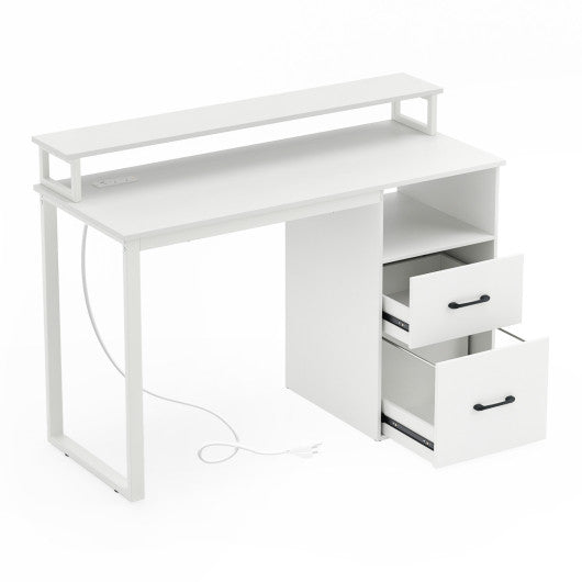 Modern Computer Desk with Power Outlets and File Drawer-White