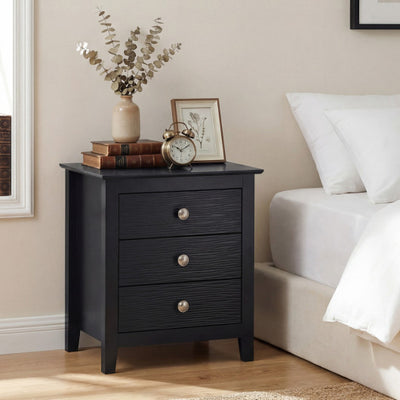 Modern Farmhouse 3-Drawer NightStand with Wood Grain Accents and Sleek Knobs-Black