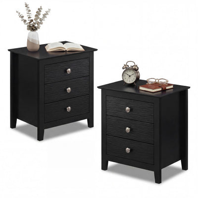 Modern Farmhouse 3-Drawer Night Stand with Wood Grain Accents for Bedroom-Black