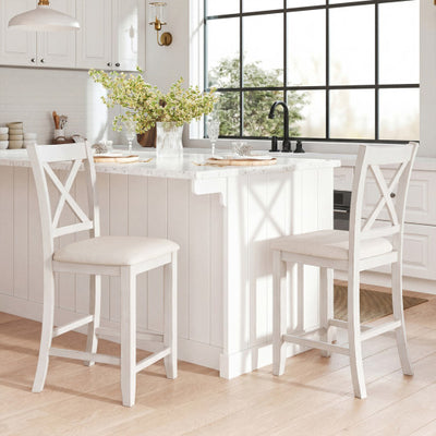 Modern Farmhouse Counter Height Stools with Footrest and Cushion-White