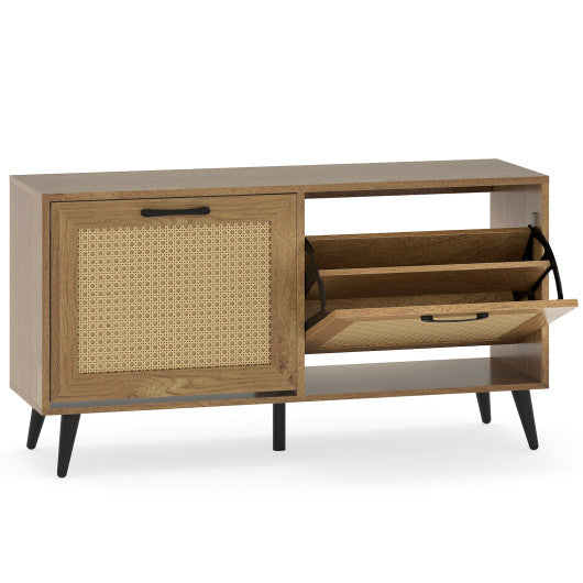 Modern Freestanding Shoe Cabinet with 2 Flip Drawers and Adjustable Shelves for Entryway-Natural