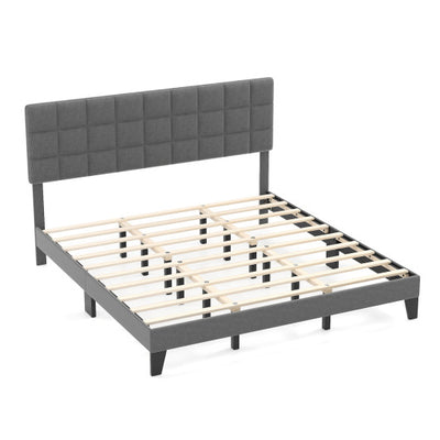King Size Modern Linen Bed Frame with Adjustable Headboard-Gray