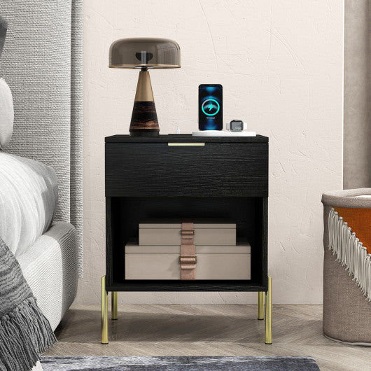 Modern Nightstand with Charging Station-Black