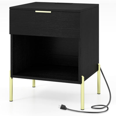 Modern Nightstand with Charging Station-Black