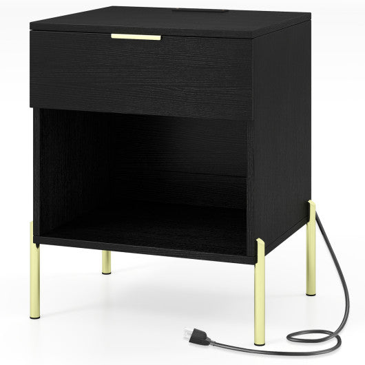 Modern Nightstand with Charging Station-Black
