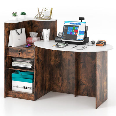Modern Reception Desk Front Counter Desk with Oval Tabletop-Rustic Brown
