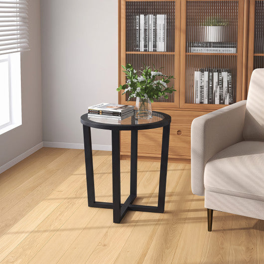Modern Round End Table Sofa Side Table with Transparent Tempered Glass Top-Black