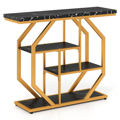 Modern Sofa Table Behind Couch 4-Tier Console Table with Faux Marble Tabletop-Black
