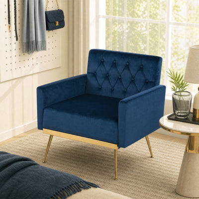 Modern Velvet Upholstered Accent Chair with Button-Tufted Back and Adjustable Feet-Blue