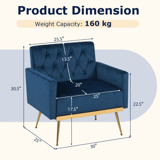 Modern Velvet Upholstered Accent Chair with Button-Tufted Back and Adjustable Feet-Blue
