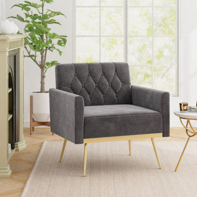 Modern Velvet Upholstered Accent Chair with Button-Tufted Back and Adjustable Feet-Gray