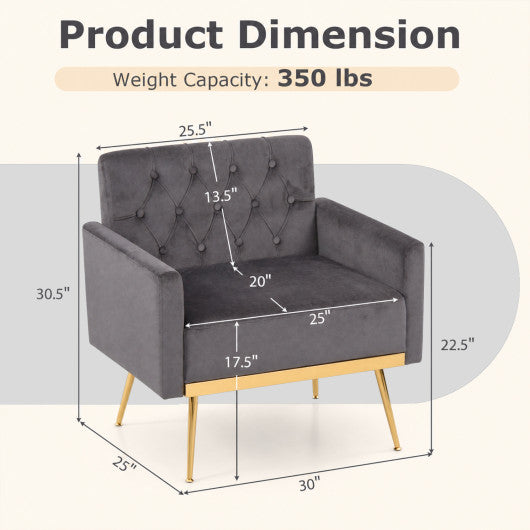 Modern Velvet Upholstered Accent Chair with Button-Tufted Back and Adjustable Feet-Gray