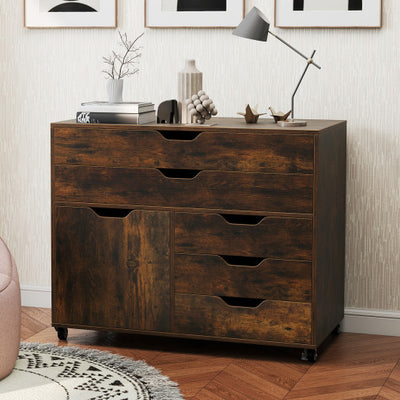 Modern Vertical 5-Drawer Mobile Chest with Door 5 Casters-Brown
