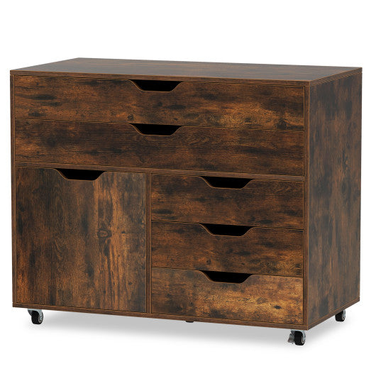 Modern Vertical 5-Drawer Mobile Chest with Door 5 Casters-Brown